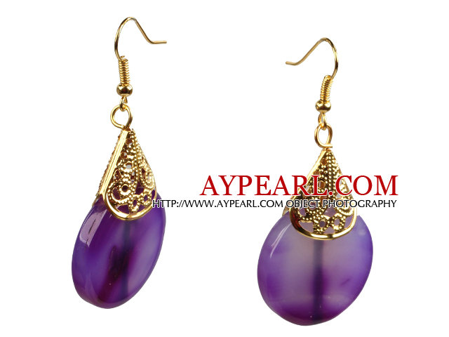 Summer Fashion Style Oblate Purple Agate Golden Hook Dangle Earrings