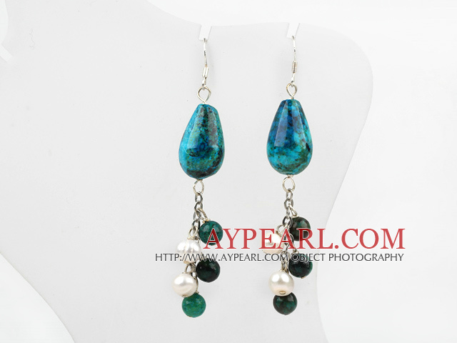 Fashion Loop Chain Style Freshwater Pearl And Teardrop Round Phoenix Stone Dangle Earrings