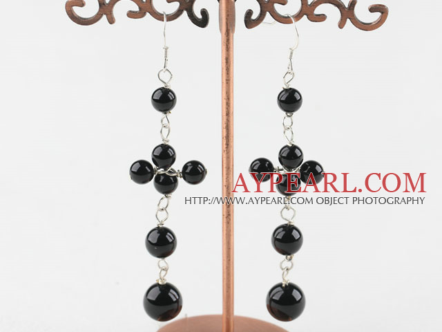 Lovely Long Style Round Black Agate Loop Dangle Earrings With Fish Hook