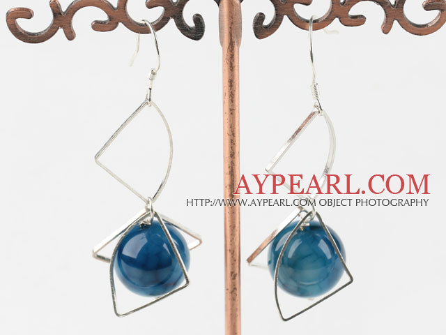 Lovely New Style Round Blue Agate And Loop Charm Dangle Earrings With Fish Hook