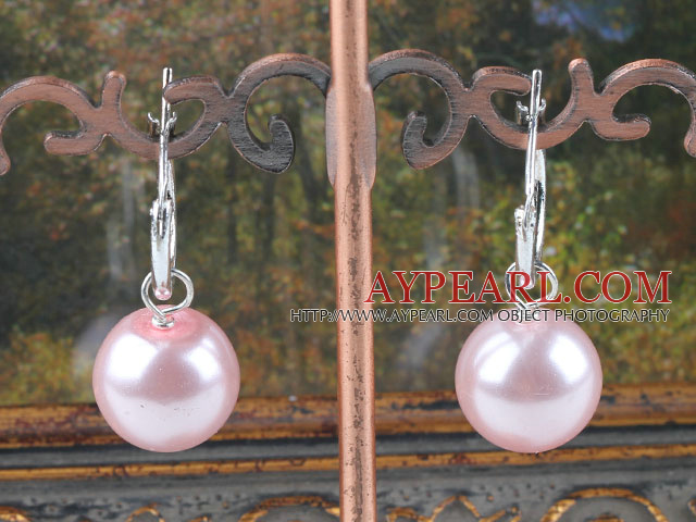 Lovely 12Mm Round Pink Acrylic Pearl Drop Earrings With Ear Hoops