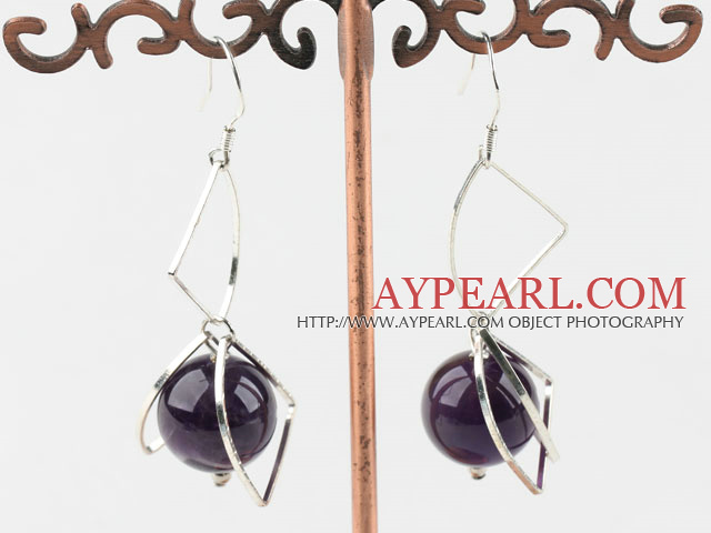 Lovely 14Mm Round Amethyst Ball And Loop Charm Drop Earrings With Fish Hook