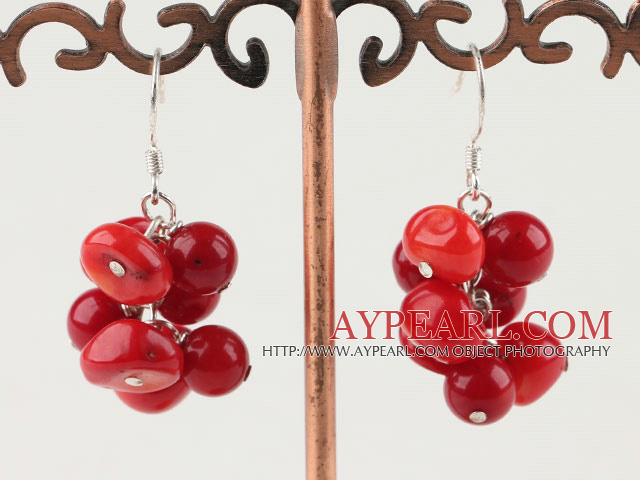 Lovely Cluster Style Red Coral Dangle Earrings With Fish Hook