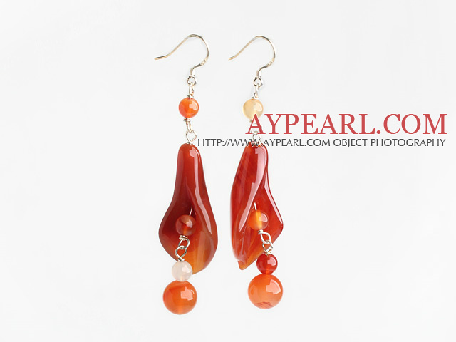 Nice Round And Trumpet Flower Shape Red Agate Dangle Earrings With Fish Hook