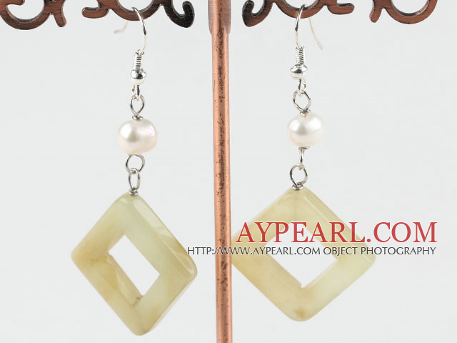 Nice White Freshwater Pearl And Three Color Jade Dangle Earrings With Fish Hook