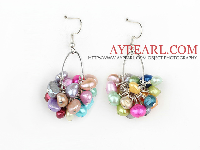 Beautiful Cluster Style Multi Color Freshwater Pearl Loop Dangle Earrings With Fish Hook