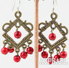 Vintage Chandelier Shape Round Blood Stone Dangle Earrings With Bronze Charm 