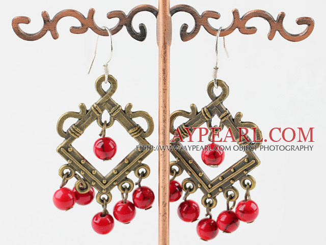 Vintage Chandelier Shape Round Blood Stone Dangle Earrings With Bronze Charm 