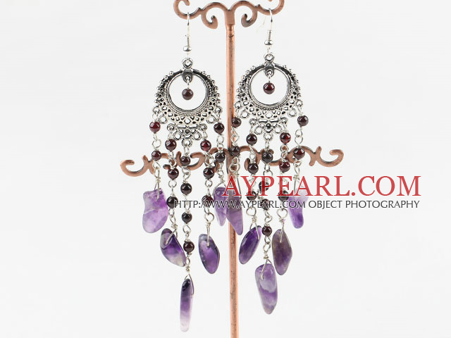 Fashion Long Style Round Garnet And Chipped Amethyst Dangle Earrings With Loop Metal Charm