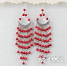 Nice 4Mm Long Chain Loop Style Round Red Bloodstone Chandelier Earrings