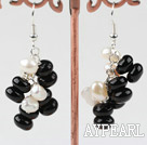 Cluster Style White Freshwater Pearl and Black Agate Earrings