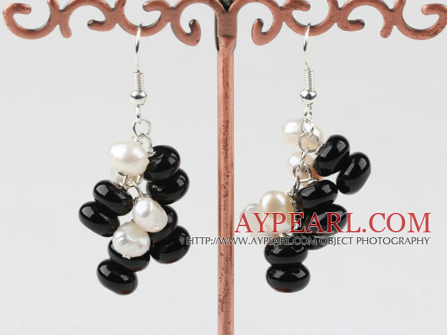 Cluster Style White Freshwater Pearl and Black Agate Earrings