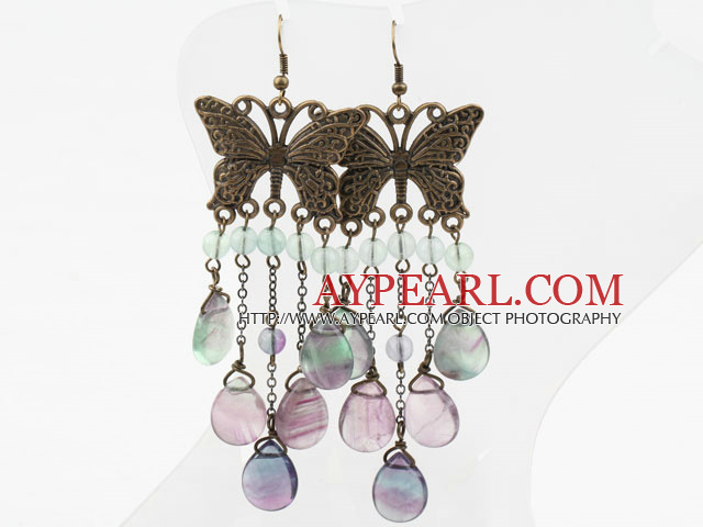 ブロンズ蝶のアクセサリーヴィンテージスタイルのドロップ形状虹蛍石のイヤリング