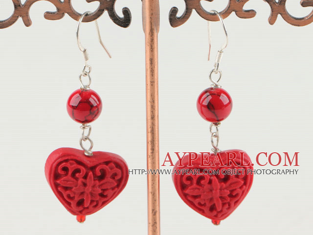 Lovely Heart Shape Carved Cinnaba And Round Bloodstone Dangle Earrings