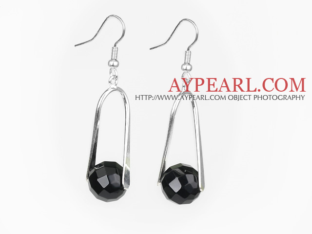 Lovely Round Faceted Black Agate And Loop Metal Dangle Earrings With Fish Hook