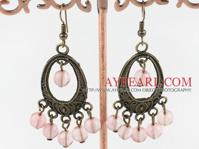 Vintage Style Round Cherry Quartz And Bronze Loop Charm Dangle Earrings 