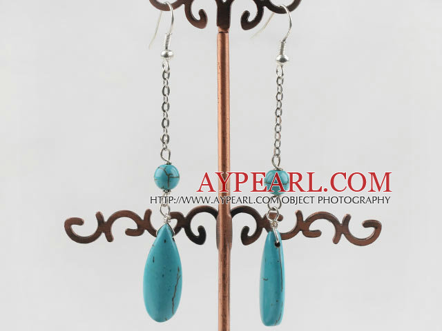 Lovely Long Chain Loop Style Round And Drop Shape Blue Turquoise Earrings With Fish Hook