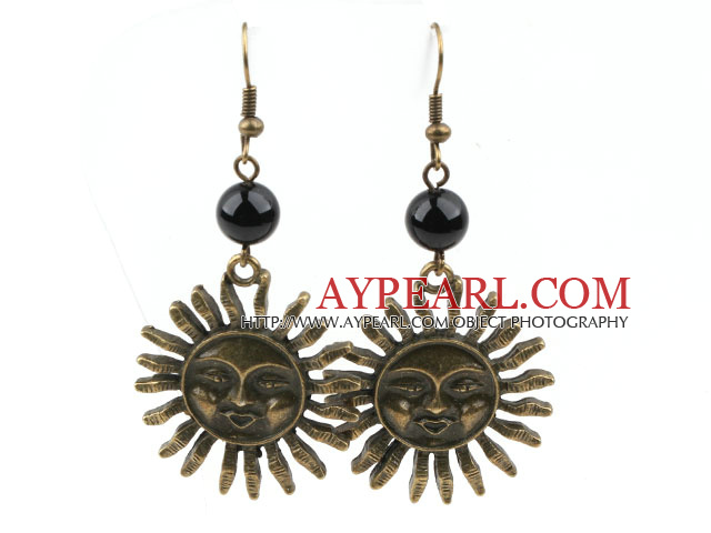 Vintage Style Black Agate Earrings with Bronze Sun Shape Accessories