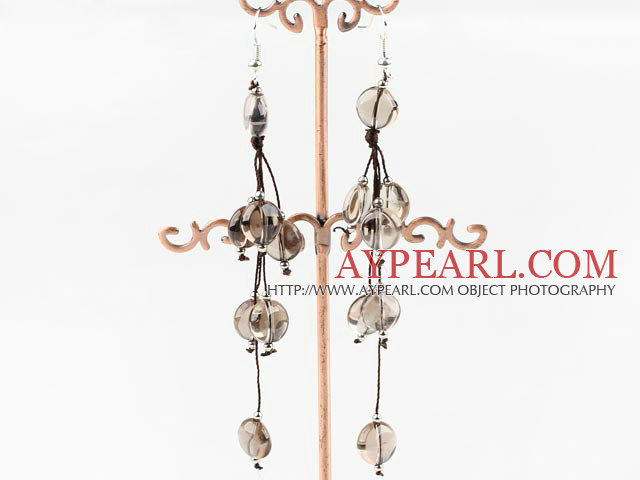 Long 8Mm Threaded Flat Round Smoky Quartz Dangle Earrings With Fish Hook