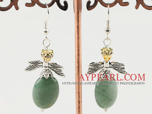 Lovely Oval Aventurine And Yellow Crystal Butterfly Charm Dangle Earrings