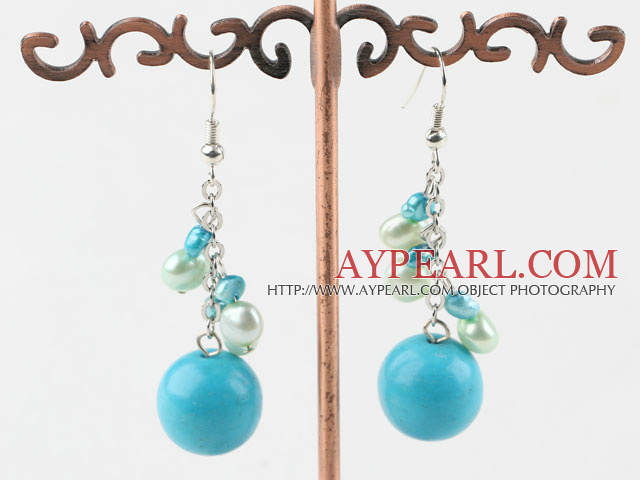 Nice Blue Series Round Turquoise And Freshwater Pearl Loop Dangle Earrings With Fish Hook