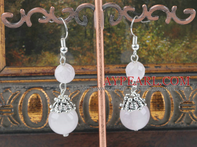 Lovely Round Rose Quartz Ball Metal Cap Charm Dangle Earrings With Fish Hook 