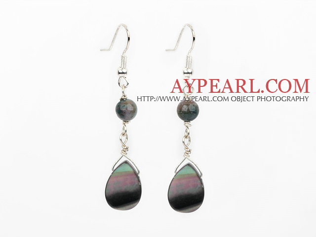 Nice Simple Style India Agate And Nut Shape Black Lip Shell Dangle Earrings