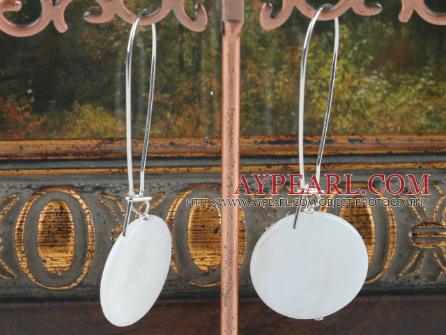 Lovely 16Mm White Disc Shell Dangle Earrings With Ear Hoops