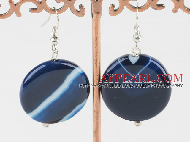 Large 18Mm Blue Lined Agate And Silver Metal Bead Dangle Earrings