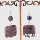 Fashion Round Amethyst And Purple Jade Sqaure Stone Dangle Earrings With Fish Hook