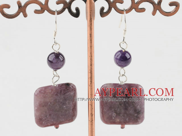 Fashion Round Amethyst And Purple Jade Sqaure Stone Dangle Earrings With Fish Hook