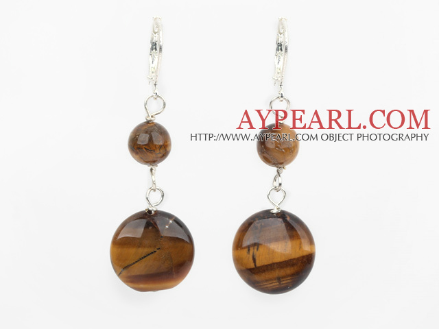 Lovely Flat Round Tiger Eye Loop Dangle Earrings With Lever Back Hook