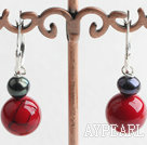 Lovely Short Style Black Pearl And Round Red Bloodstone Drop Earrings With Ear Hoops