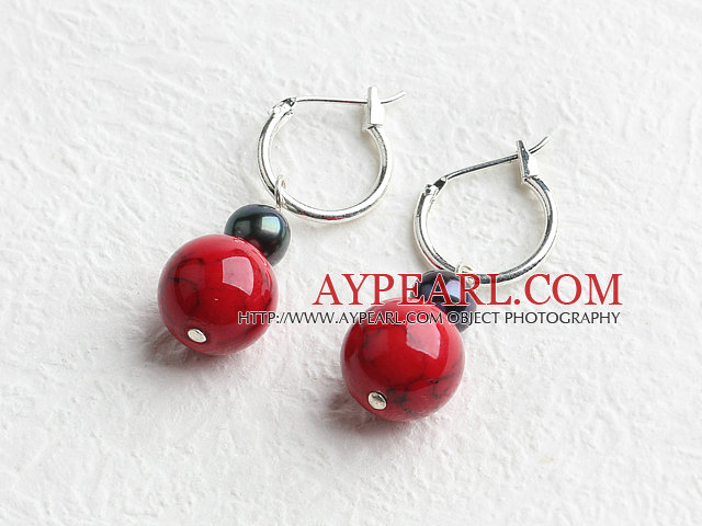 Lovely Short Style Black Pearl And Round Red Bloodstone Drop Earrings With Ear Hoops