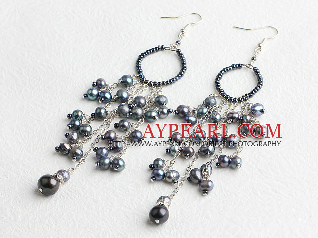 Elegant Long Style Beaded Loop And Black Freshwater Pearl Link Dangle Earrings 