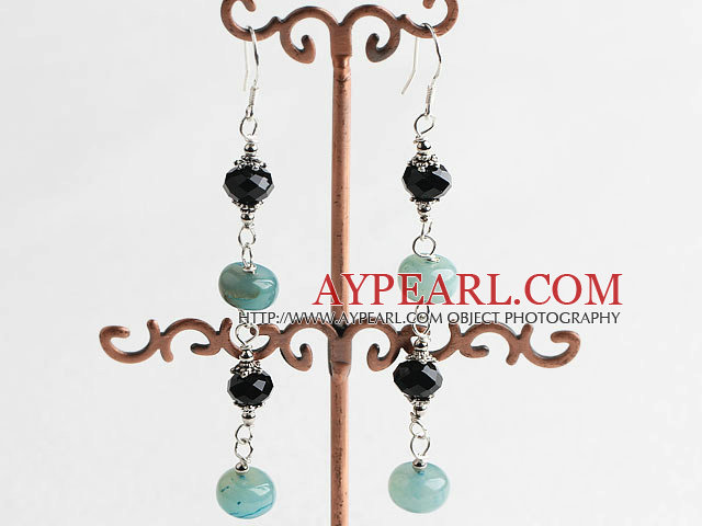 Nice Long Style Black Crystal And Blue Jade Loop Dangle Earrings With Fish Hook