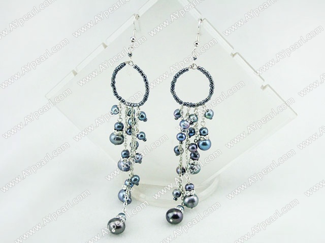 Lovely Long Style Beaded Loop And Black Freshwater Pearl Link Dangle Earrings 