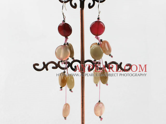 Elegant Long Threaded Flat Round 3-Color Jade Dangle Earrings With Fish Hook
