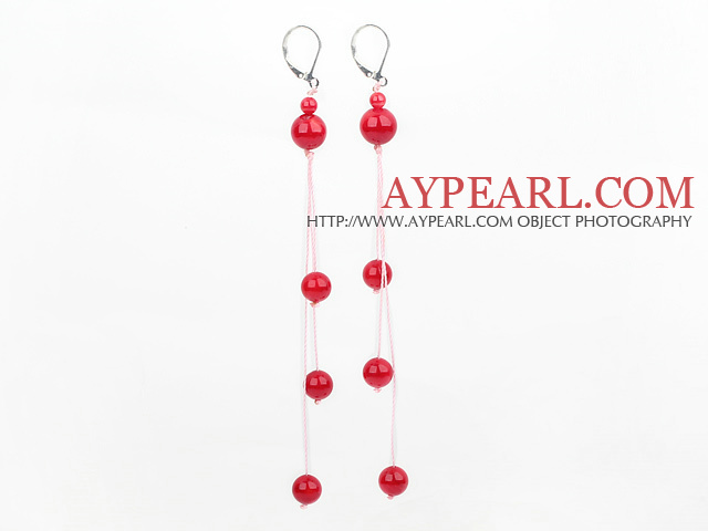 Lovely Long Threaded Round Red Coral Ball Dangle Earrigns With Lever Back Hook