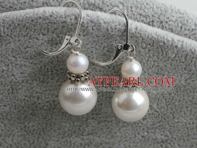 Lovely White Freshwater Pearl And Sea Shell Bead Metal Charm Earrings With Lever Back Hook