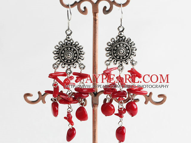 Vintage Long Style Red Coral Dangle Earrings With Fish Hook