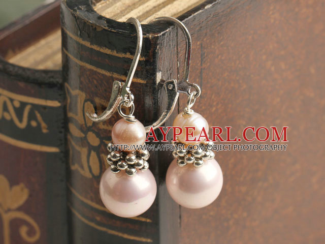 Lovely Pink Freshwater Pearl And Sea Shell Bead Metal Charm Earrings With Lever Back Hook