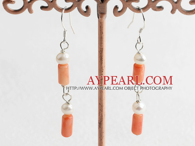 Lovely White Freshwater Pearl And Cylinder Shape Coral Loop Dangle Earrings With Fish Hook