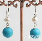 Nice White Freshwater Pearl And Round Blue Turquoise Dangle Earrings With Ear Hoops