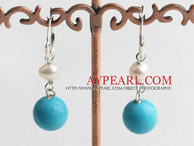 Nice White Freshwater Pearl And Round Blue Turquoise Dangle Earrings With Ear Hoops