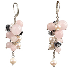 Beautiful Fashion Cluster Shape Pearl Crystal And Rose Quartz Dangle Earrings