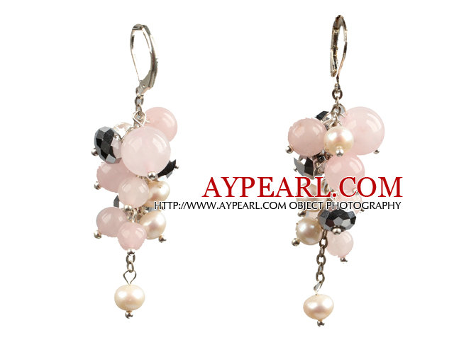 Vakker Fashion Cluster Shape Pearl Crystal og Rose Quartz Dangle øredobber