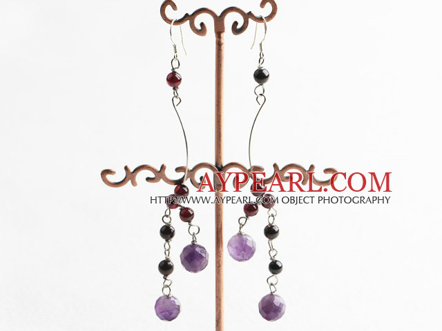 Lovely Long Style Round Garnet And Faceted Amethyst Ball Dangle Earrings With Fish Hook