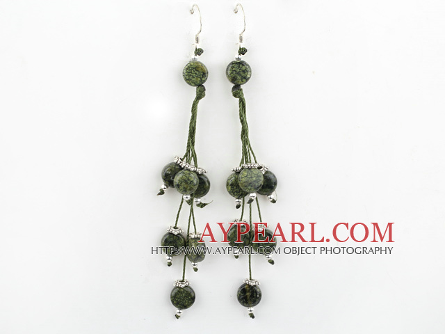 Fashion Long Style Hand Threaded Flat Round Green Lace Stone Earrings With Fish Hook