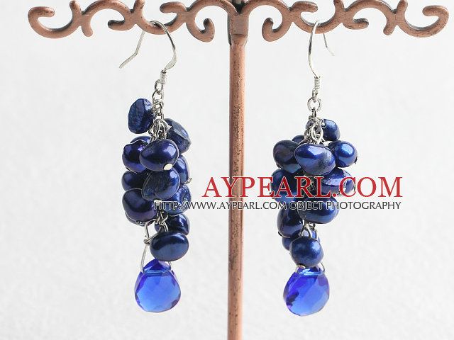 Popular Cluster Style Sappire Blue Pearl And Teardrop Crystal Dangle Earrings With Fish Hook